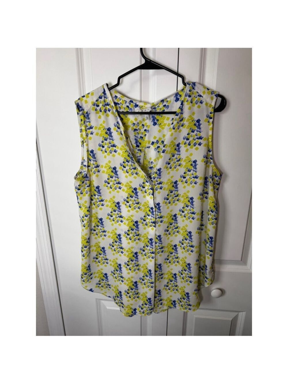 CHAUS new york White Yellow Blue Blouse L EUC